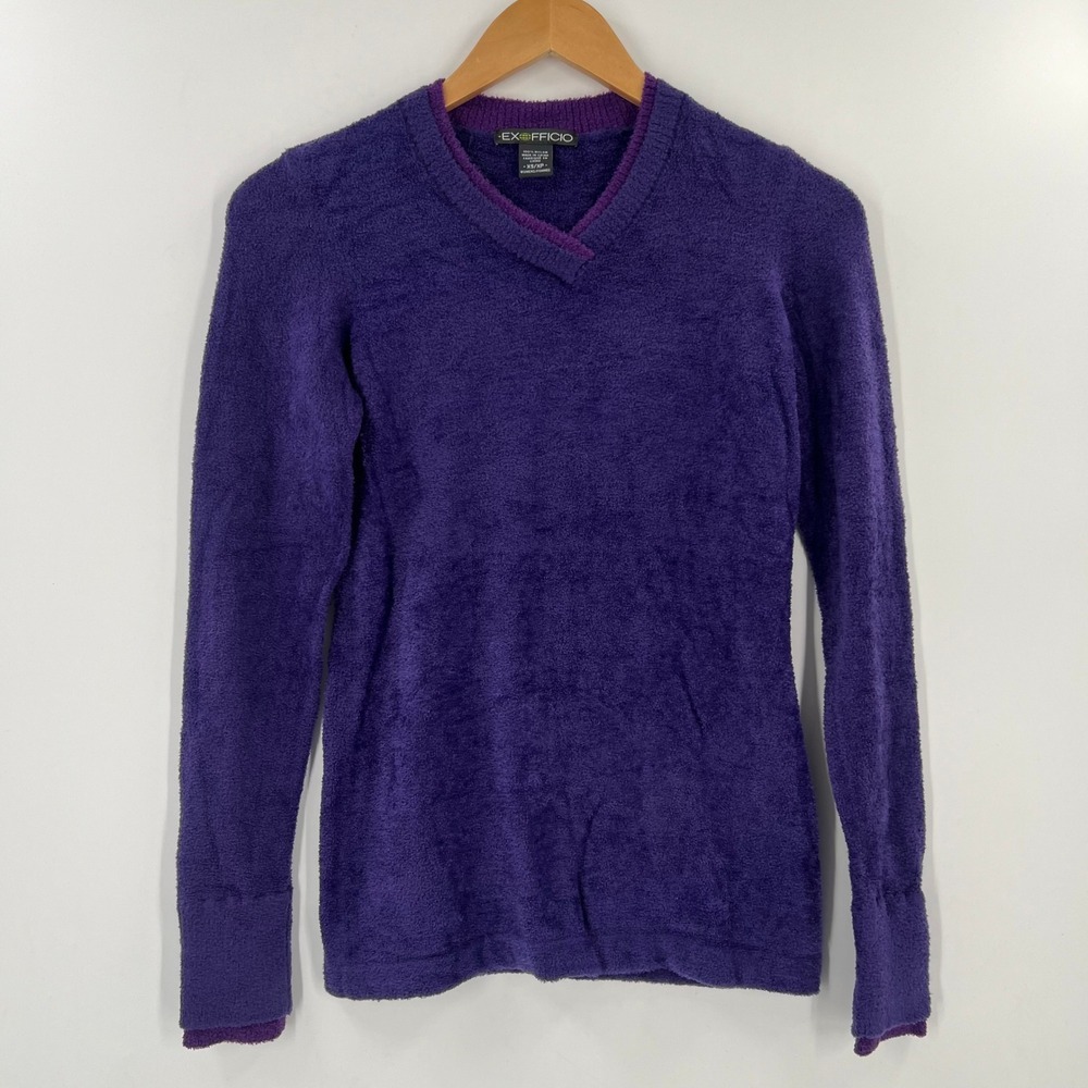 EXOFFICIO Women Purple Soft Fuzzy V Neck Long Sleeve Pullover Sweater XS